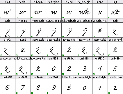 Quelques glyphes de la fonte Caflisch Script Pro et leurs noms
